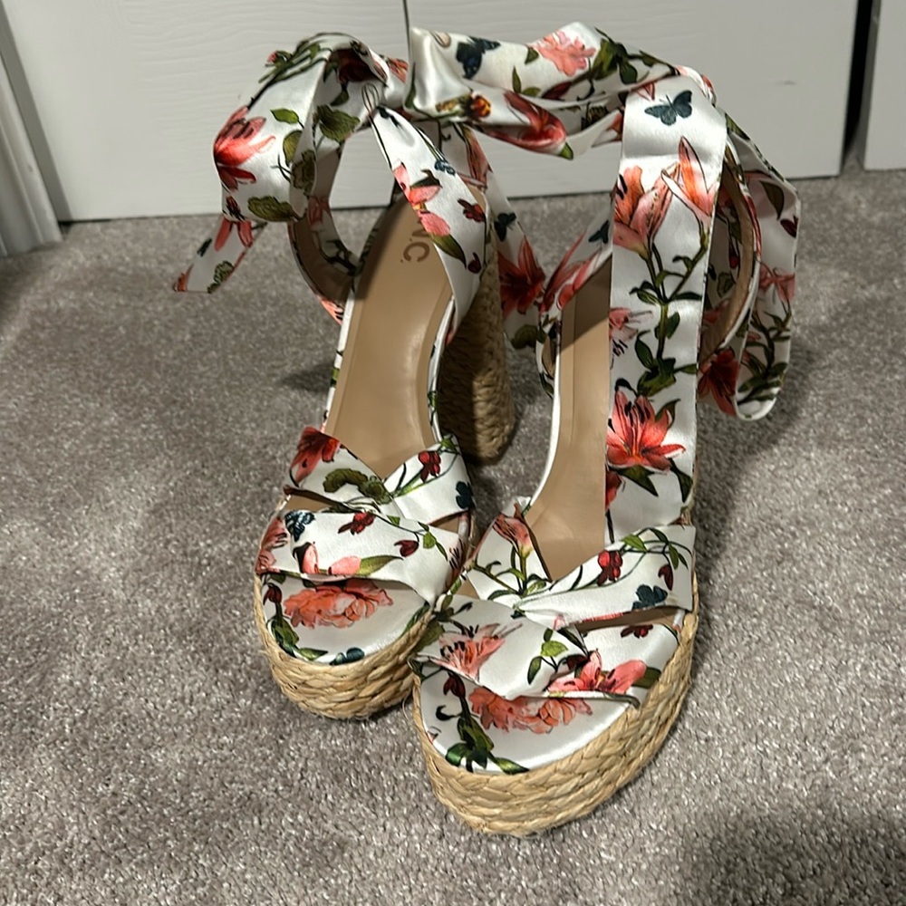 I.N.C. Floral Satin Tie Jute Heeled Sandals
